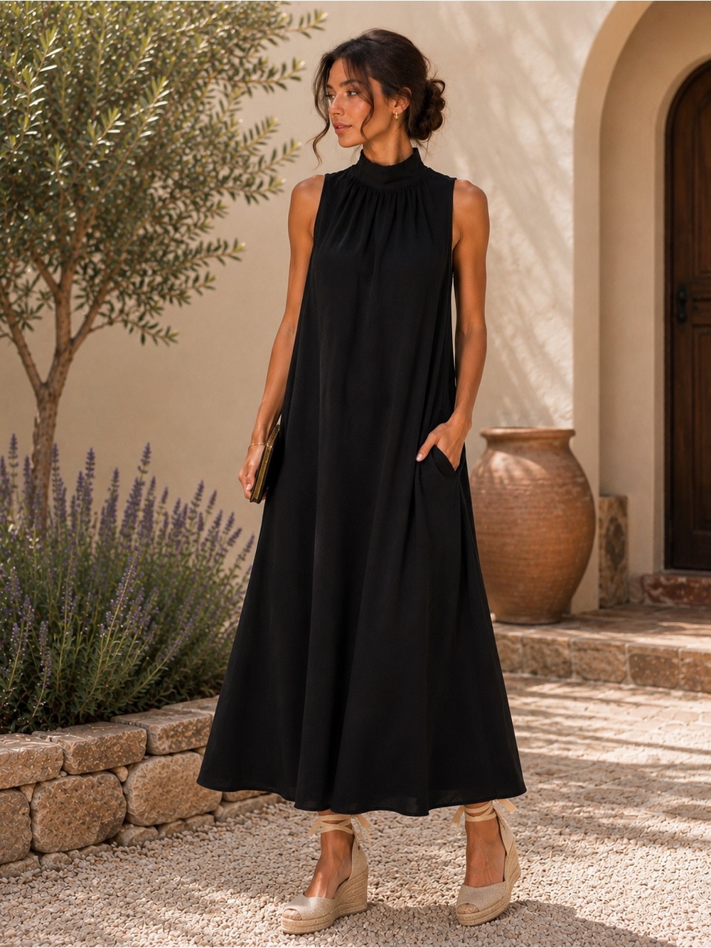 Vanessa Zani Dress Made in Italy - Black COTTON Maxi Dress with Side Pocket NWT